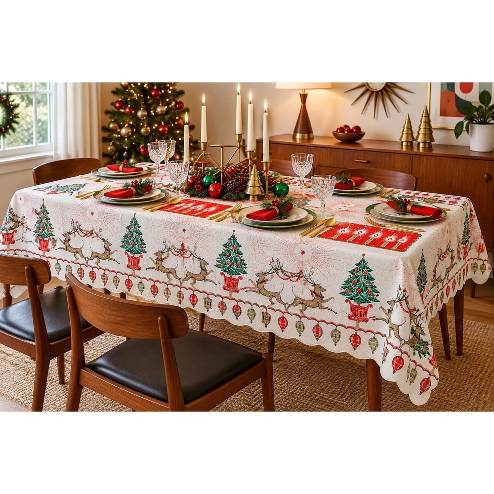 Vintage 1950 Christmas Tablecloth 52x70 Embossed Plastic Reindeer MCM Serged Edg